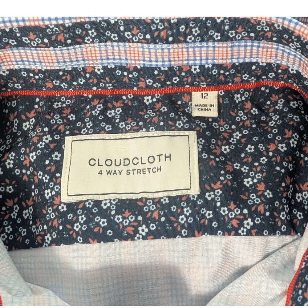 Cloudcloth Button Down Shirt Boys 12 Blue Orange Plaid 4-Way Stretch Large